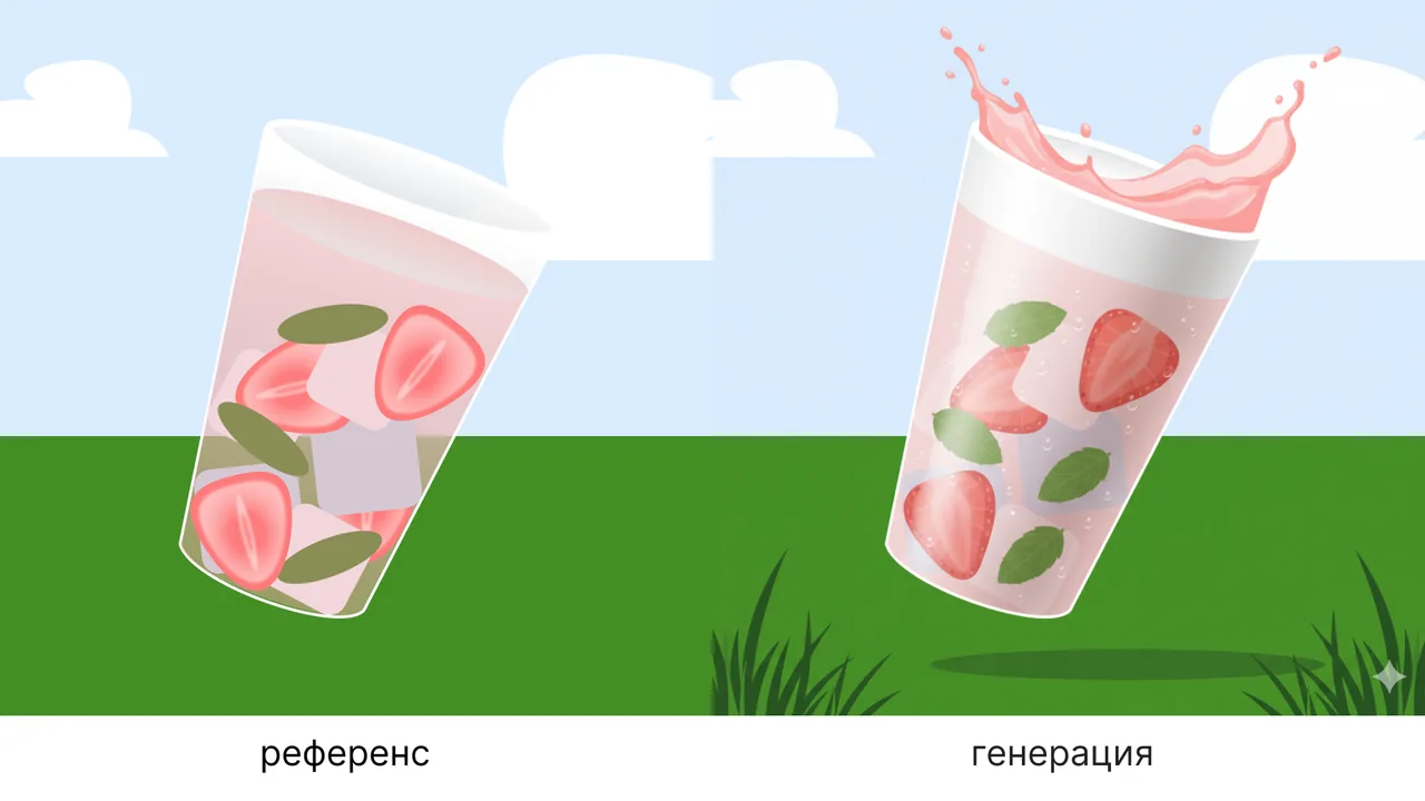 Создай реалистичное изображение клубничного мохито в пластиковом матовом одноразовом стакане, используя мой примерный дизайн-макет. Стакан состоит из плотного матового пластика белого цвета, но напиток все равно отлично видно, но не так хорошо как в полностью прозрачном стакане. В стакане жидкость светло розового цвета, лед, листья мяты и порезанная клубника.  На стакане видны капельки конденсат, а сама жидкость немного двигается вверх, очень красиво как для фотографий еды. В качестве рефенса идеи используй приложенное изображение. Сделай реалистично. Стакан будто застыл в воздухе. Фон: зеленое летнее поле с травой, дневное летнее небо с облаками. Фото для рекламной компании магазина напитков, вспышка в лоб. Добавь текстуру. свет, тени