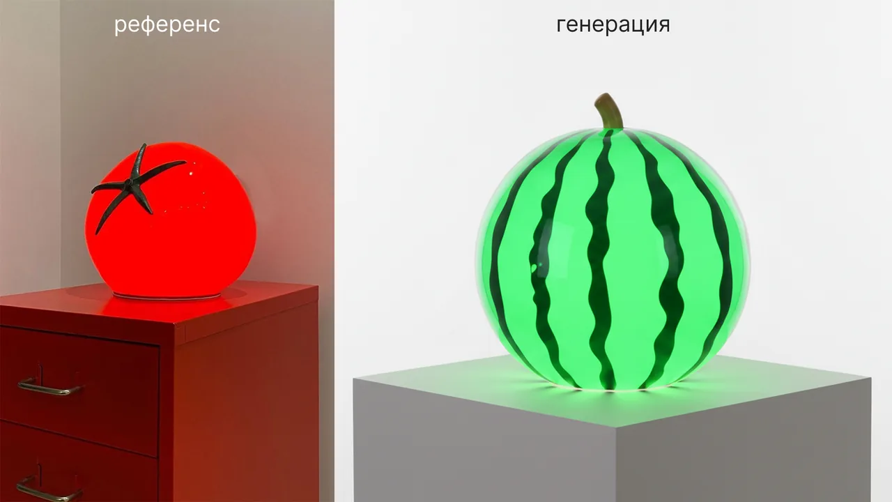 Создай изображение лампы в виде арбуза. Лампа в виде арбуза зеленого цвета с характерными для ягоды полосками более темного цвета, лампа в виде арбуза имеет плоское устойчивое дно, сверху на лампе находится закругленный стебель характерный для арбуза. Сама лампа в виде арбуза выполнена из глянцевого плотного качественного пластика. Лампа имеет равномерное яркое сияние, не видно засветов и не видно внутренностей лампы, добавь свет, представь что арбуз это круглая лампа которая светится. Пространство во круг абсолютно белое, студийное. Сама лампа в виде арбуза стоит на белом кубе, студийная съемка для модных аксессуаров интерьера. Лампа включена и виден яркий зеленый свет от нее. В качестве визуальной идеи возьми приложенное изображение, как референс, из референса возьми текстуру лампы