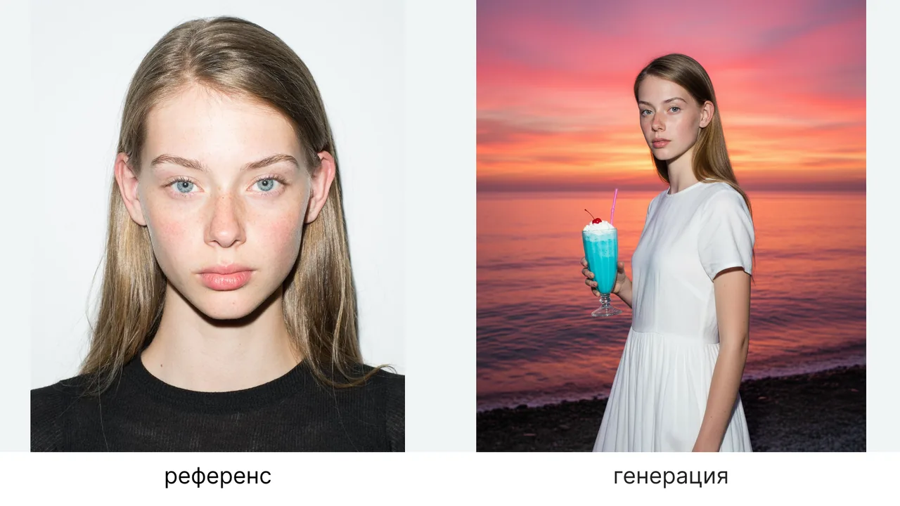 создай генерацию, где эта молодая девушка в легком платье белого цвета в пол стоит на берегу моря, сзади нее закат. Молодая девушка европейской внешности, черты лица и особенности не изменяй, одета в легкое белое хлопковое платье с коротким рукавом в пол, в руке у нее голубой милкшейк с трубочкой и вишней. Девушка стоит полубоком. Задний фон это пляж с мелкой галькой и летний очень яркий розовый закат. Кадр сделан на сверхширокоугольную камеру с прямой вспышкой в лоб, кадр портрет, то есть видно задний фон и верхнию часть девушки по пояс, акцент на девушке и коктейле. Фото очень реалистичное и качественное, как для журнала
