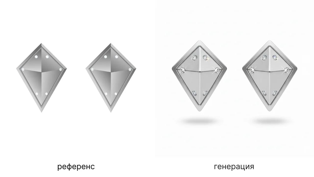 Создай изображение серебрянных сережек гвоздиков (Пусеты)
Стиль: фотореалистичный.
Серьги выполнены из серебра и инкрустированны шестью брилиантами, форма сережек в виде ромба,напоминает щит, передняя грань выпирает вперед и в профиль сережки напоминают пирамируду.
Дизайн не изменяй. Сделай реалистично.
сережки будто застыли в воздухе.
Фон: белый однотонный. Фото для онлайн магазина ювелирной продукции
Добавь текстуру. свет, тени